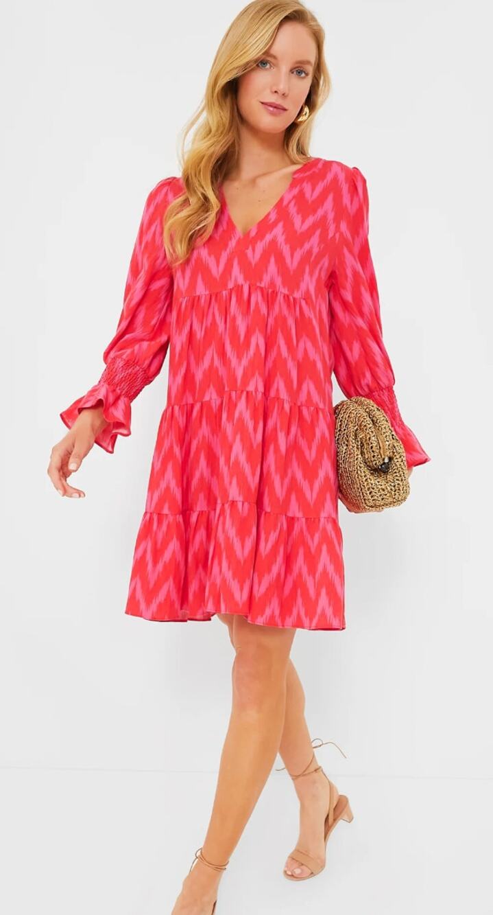 Pomander Place Long Sleeve Knee Length Dress. Small  Ikat Chevron Pink Print